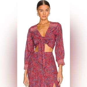 VERONICA BEARD Sarah Red Cropped Printed Jacquard Wrap Top Size Medium